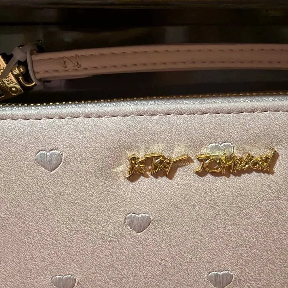 Betsey Johnson Pink Blush Zip Around Wallet Wristlet Embroidered Hearts NWT